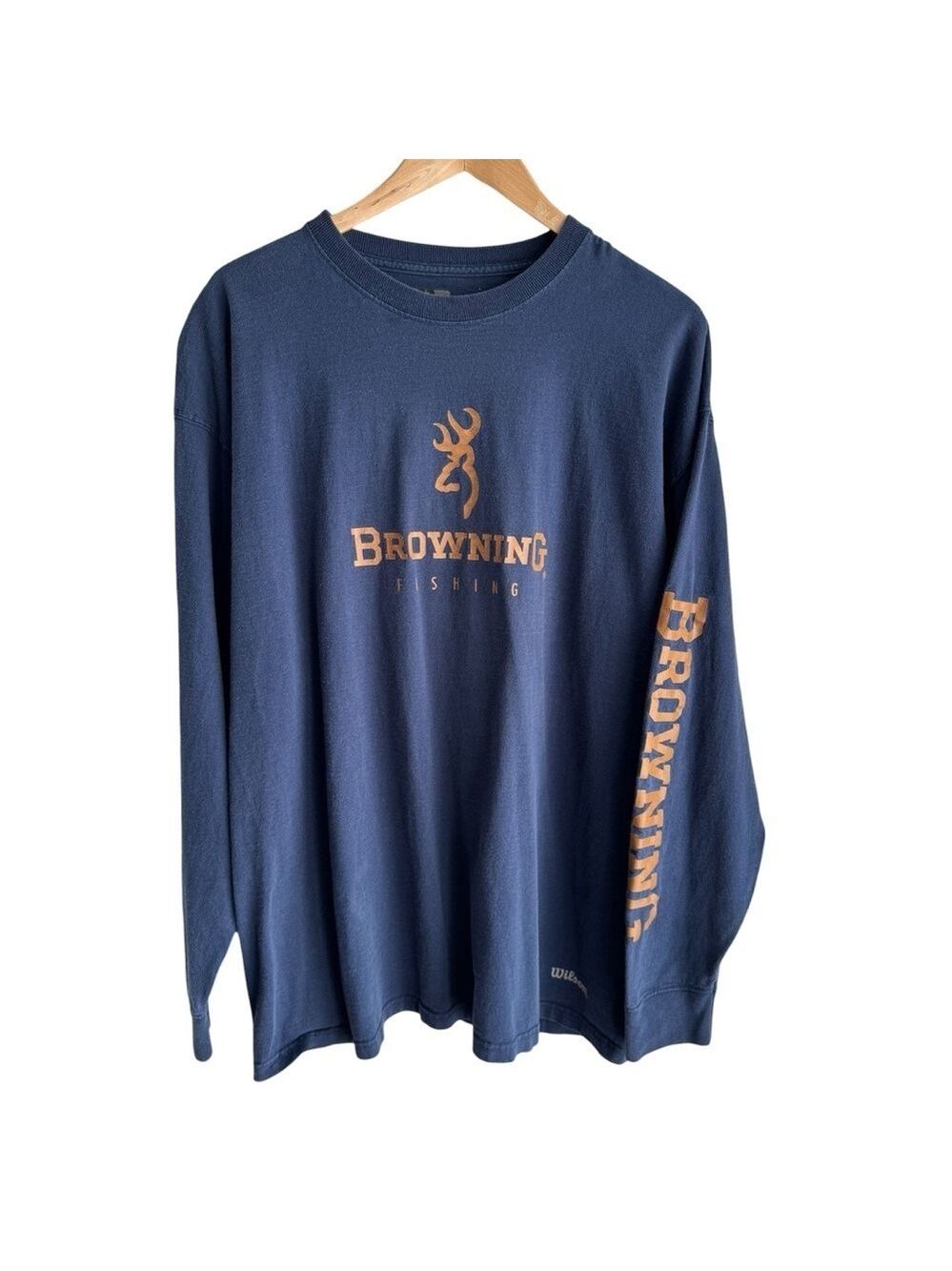 Wilson Browning Fishing Shirt Mens XL Navy Blue Spell-Out Long Sleeve Outdoor
